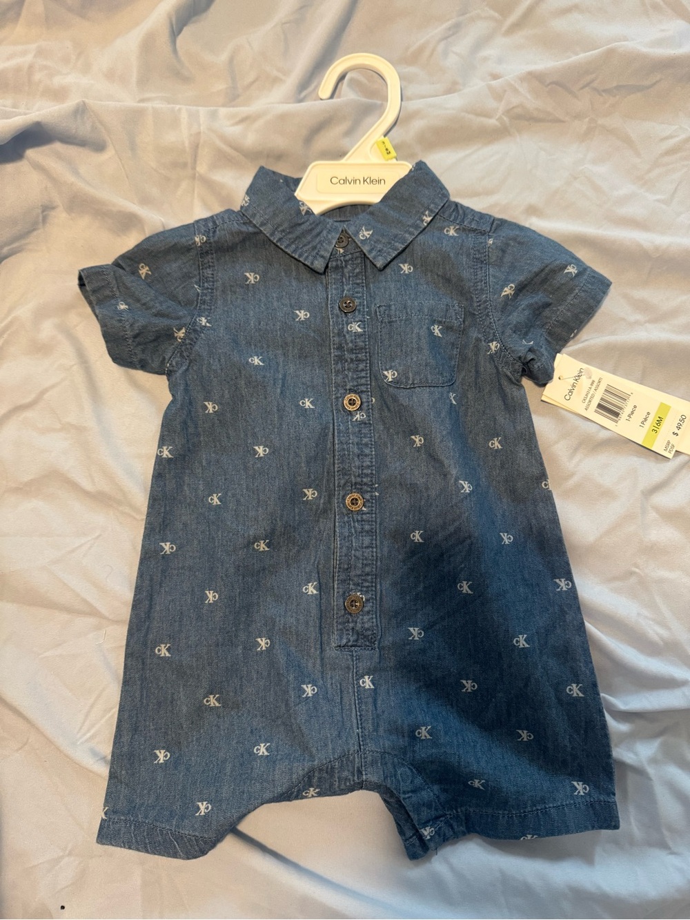 Calvin Klein Girls' Denim Button-Front Short Romper in Blue